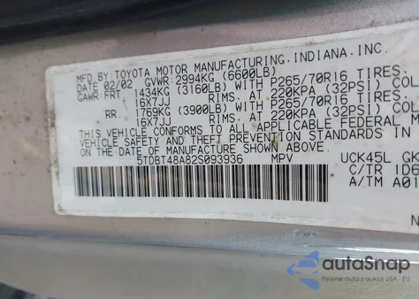 2002 Toyota Sequoia Limited V8 from USA, damaged, VIN 5TDBT48A82S093936